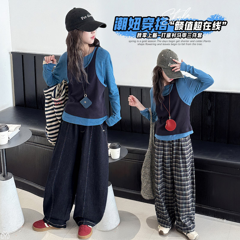 女童秋装套装2025新款女孩大童韩系洋气感马甲裤子三件套早秋|undefined