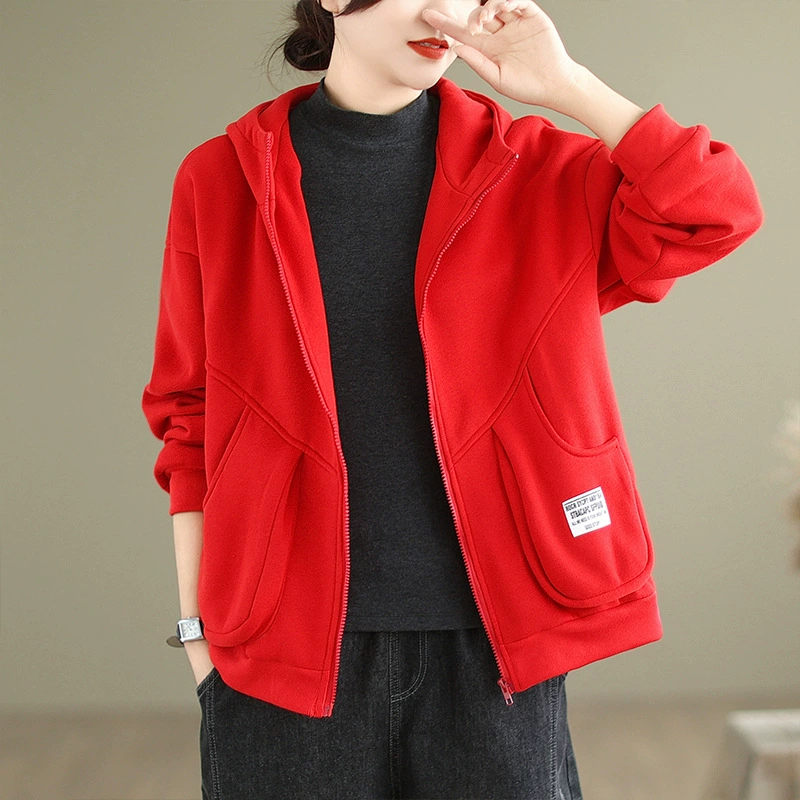 Winter warm retro hoody, colored patch, sweatshirt with zipper