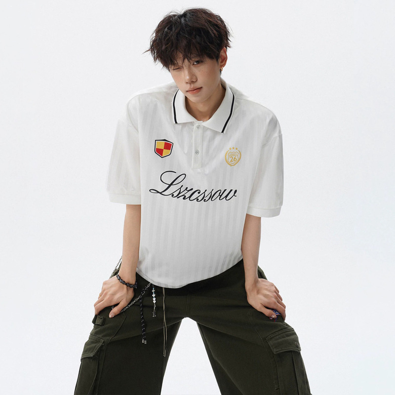 American Retro Letter Print Polo Shirt for Men, College Style Sporty Cool T-Shirt, Jersey Style Striped Turn-Down Collar Short Sleeve
