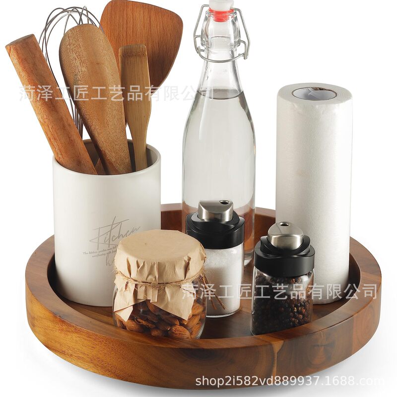 Wooden Rotatable Susan Tray Kitchen Countertop Storage Rotating Tray Spice Storage Rack Acacia Wood Rotating Tray