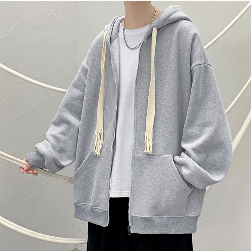 Мужской свитшот-худи,Oversized демисезонная куртка на молнии, цветная повседневная толстовка, двухцветный шнурок