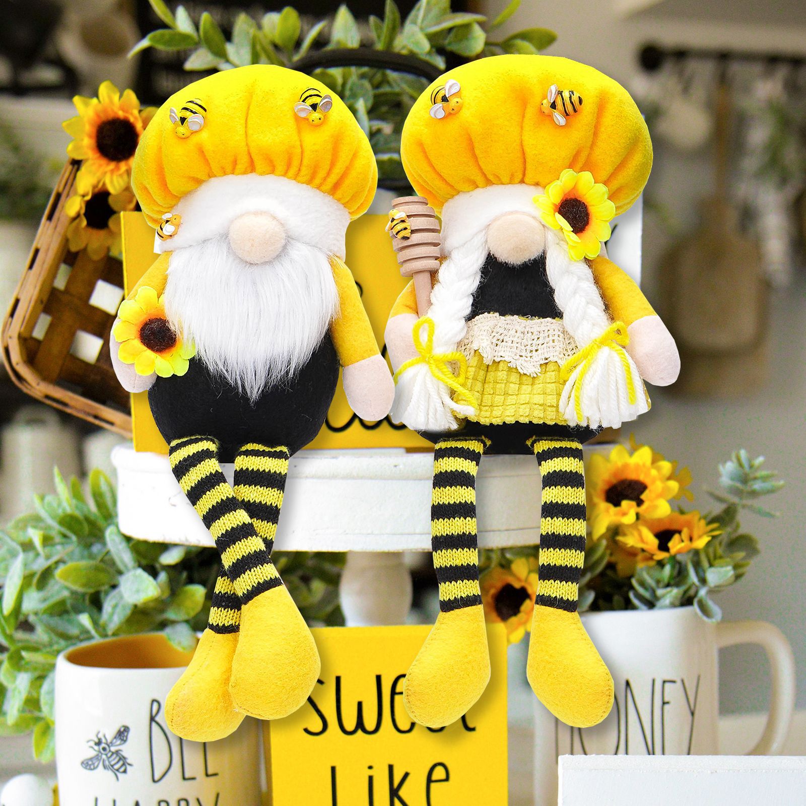 Festival de abejas transfronterizas muñecas sin cara piernas largas sentadas muñecas girasol primavera goblin enano decoración