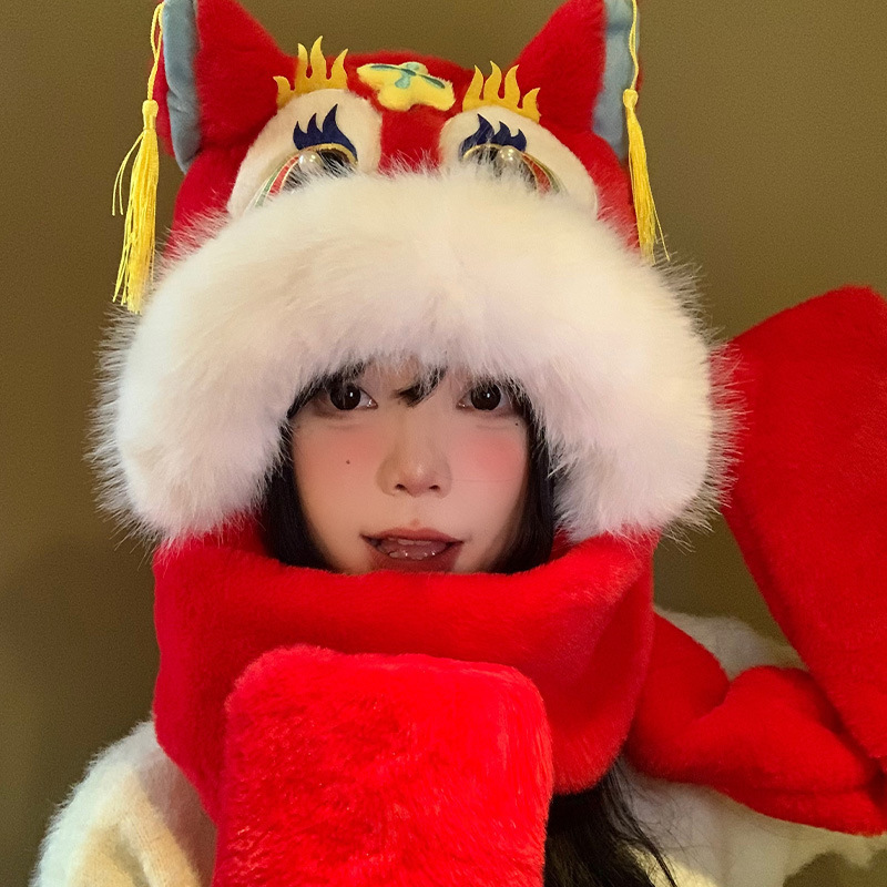 国潮醒狮红色帽子可爱学生儿童过年新年虎头帽女冬天加厚保暖毛绒|undefined