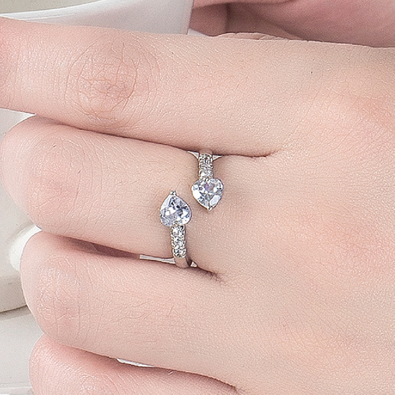 Double Heart Zircon Open Ring For Women Sterling Silver Style_voghion.com