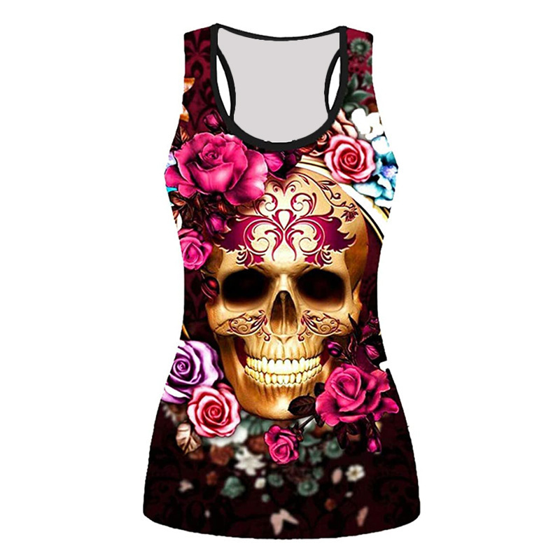 Summer Women's rose skull black sleeveless 3d printed T-shirt casual slim fit plus size sports vest