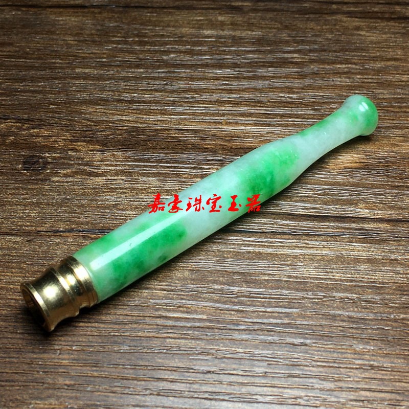 古玉老玉古董清代冰种飘绿花石英岩玉翡翠镶嵌纯铜过滤嘴仿古烟嘴