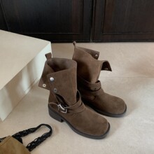 羊皮~增高6cm美拉德复古粗跟短靴女牛反绒短筒骑士靴厚底马丁靴子