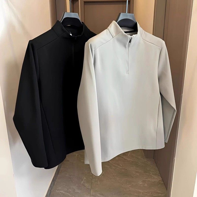[Customizable] Stand-Up Collar Sweatshirt with Half-Zip, Thermal Base Layer for Men, Autumn and Winter Pullover Long-Sleeve T-Shirt, Warm Top