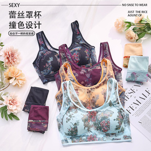 Mother's underwear suit printed mesh wireless bra women's sexy middle-aged and elderly Sports plus size bra