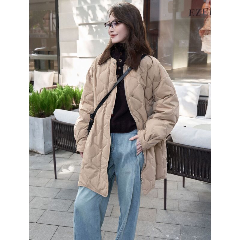 Rong Tai Wen Yong Shan's Same Style Barn Style 90 White Duck down Jacket Women's Autumn and Winter Corduroy Lapel Simple Jacket