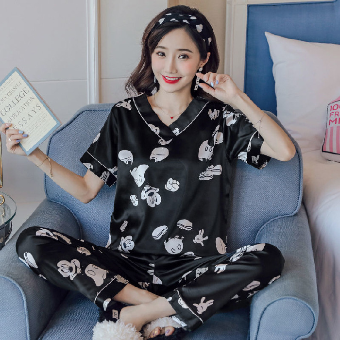 Pijama de seda de hielo para mujeres primavera y otoño corto y largo delgado dulce estilo coreano ropa de seda real dos piezas conjunto