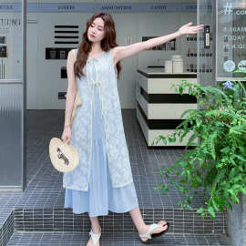 2025夏季新款设计感女装镂空外搭圆领背心裙两件套连衣裙女HE5085