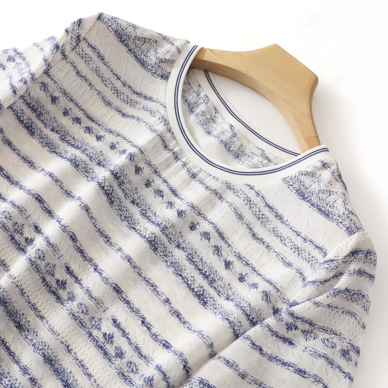 2026 Summer New 100% Mulberry Silk Round Neck Short-Sleeve Women's Color-Block Striped Loose Pullover T-Shirt Top