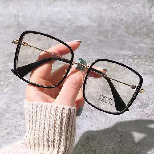 Anti-blue light glasses for myopia, ready-made women's large-frame plain plain glasses, internet celebrity metal black-frame glasses