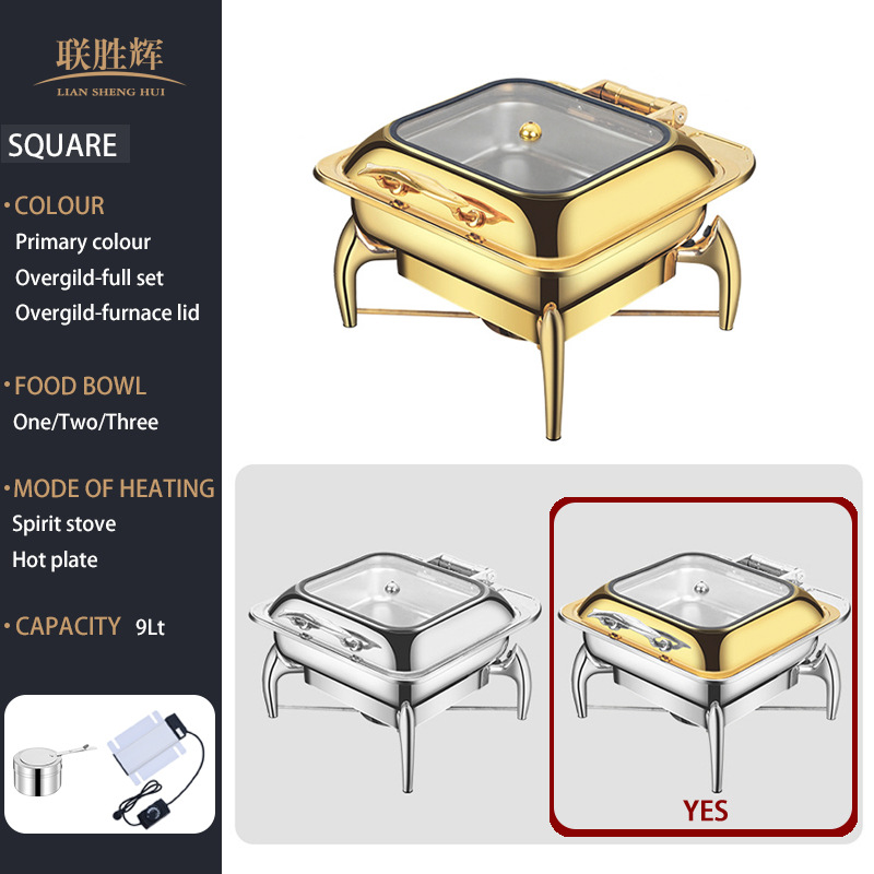 horno de buffet de acero inoxidable transfronterizo horno de buffet de hotel aislante de oro horno de calor eléctrico de alcohol dorado