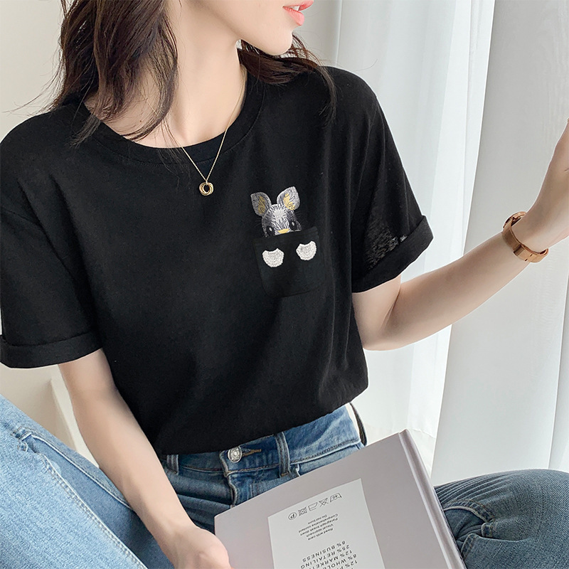 Áo thun nữ cổ tròn tay ngắn họa tiết thêu thỏ dễ thương form rộng — đen chi tiết 1