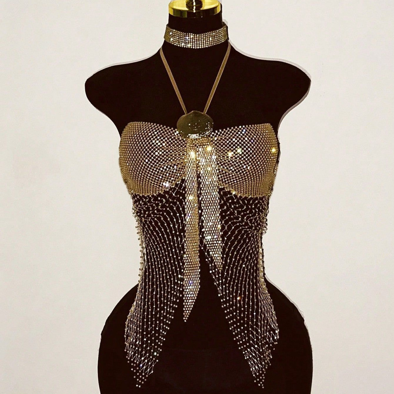 European and American Cross-Border Personalized Full Rhinestone Top, Fishnet Rhinestone Backless Camisole, Amazon Hot Girl Clothing, Lace-Up Tank Top