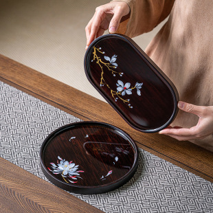 Guochao High-end Double-sided Round Hand-painted Epiphyllum Dry Soaking Tray Bamboo Tea Tray Home Light Luxury Tea Table Pot Tea Tray
