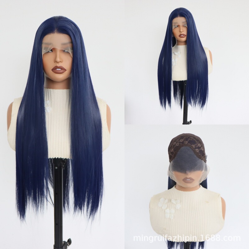 Cross-border 13*4 lace semi-hand-woven wig, dark blue long straight hair, free parting, stylish design, in stock at the factory