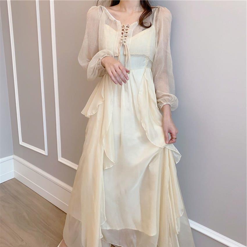 Suit female new French first love oranggu grandiflorum fairy dress super thin sling long sleeved dress two sets of women