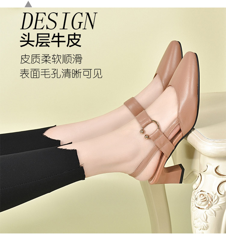 Sandal nữ da thật mũi nhọn gót vuông 5 cm, hở gót, phong cách mùa hè — Đen 5cm chi tiết 5