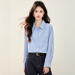 韩版蓝色条纹长袖衬衫女2025秋季新款时尚翻折口袋设计感宽松上衣