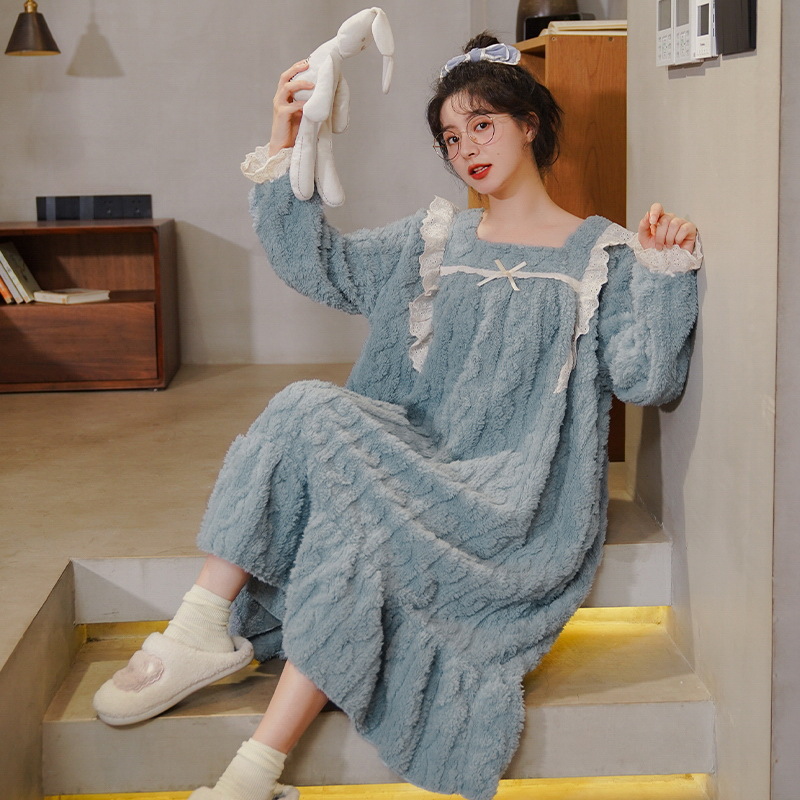 (2개) 가을과 겨울 산호 플리스 나이트드레스 여성용 긴팔 무릎 위 따뜻한 플러스 벨벳 두꺼운 플란넬 무릎 위 대형 사이즈 홈 의류