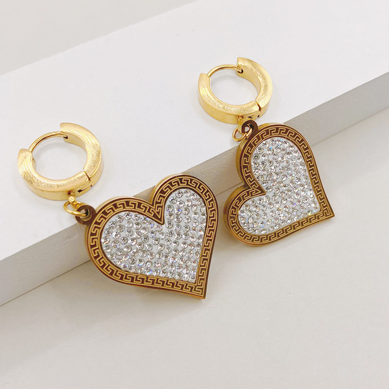 Fashion Heart Shape Stainless Steel Inlay Zircon Drop Earrings 1 Pair