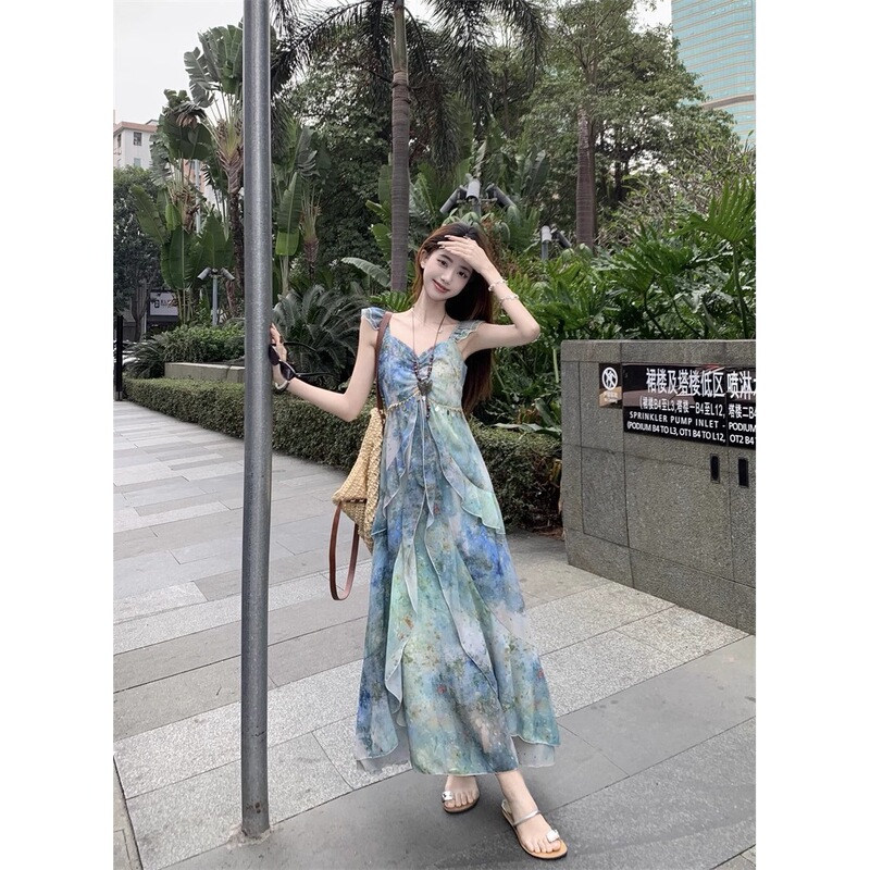 Original Style, Original Size, French Print Super Fairy Dress for Women, Spring and Summer Elegant, Waist Slimming Look Long Skirt