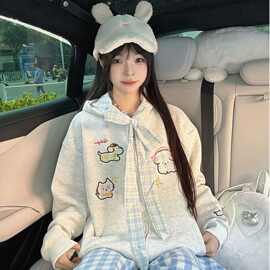 美式复古小狗刺绣格纹蝴蝶结连帽卫衣女2025新款秋冬可爱奶乖软妹