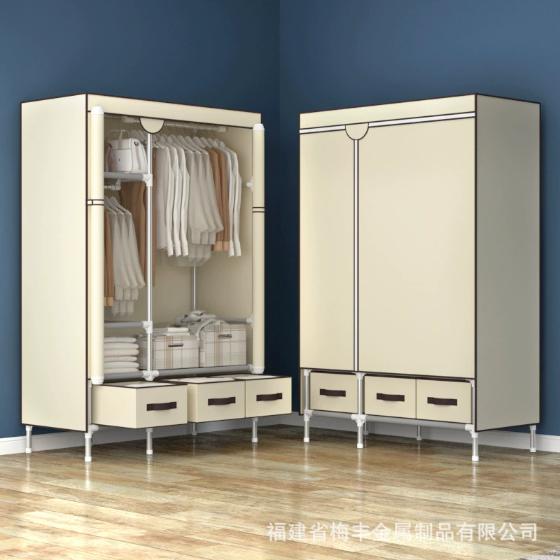 Portable Fabric Wardrobe with Steel Pipe Frame, Multiple Widths 75–185 cm, Drawer Storage Options