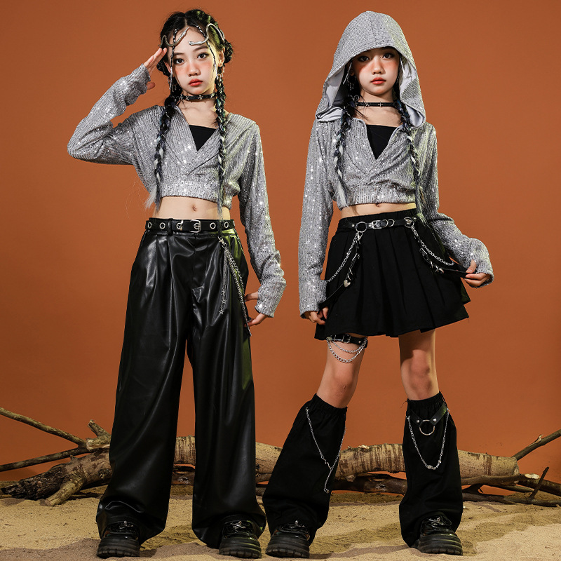 少兒爵士舞服裝露臍女童黑銀亮片走秀jazz舞蹈服兒童街舞演出服女