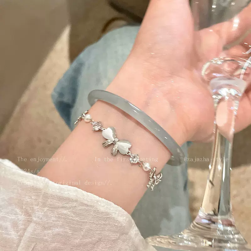 碎银子猫眼石蝴蝶结手链轻奢小众高级感叠戴串珠手镯闺蜜礼物手环