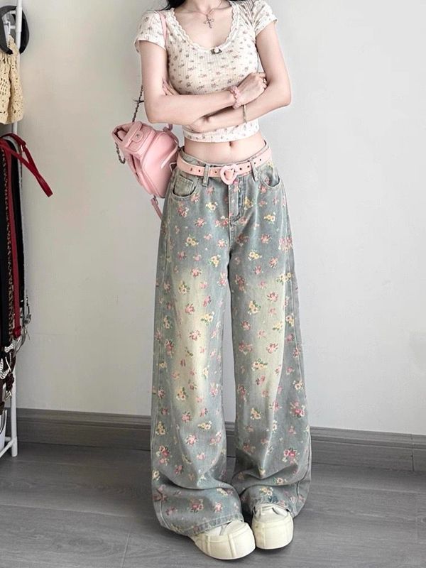 美式复古水洗花卉满印牛仔裤女夏季设计感高腰宽松显瘦直筒阔腿裤|undefined