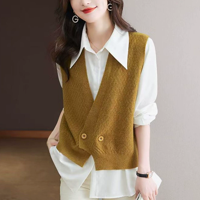 Шерстяной кардиган, женский свитер, вязаный кашемировый жилет, весенне-осенний стиль, короткий модный универсальный свободный утягивающий вид без рукавов