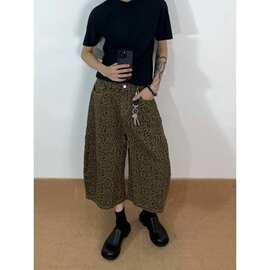 跨境豹纹印花男式阔腿七分高腰宽松复古牛仔裤夏季新款百搭潮流款