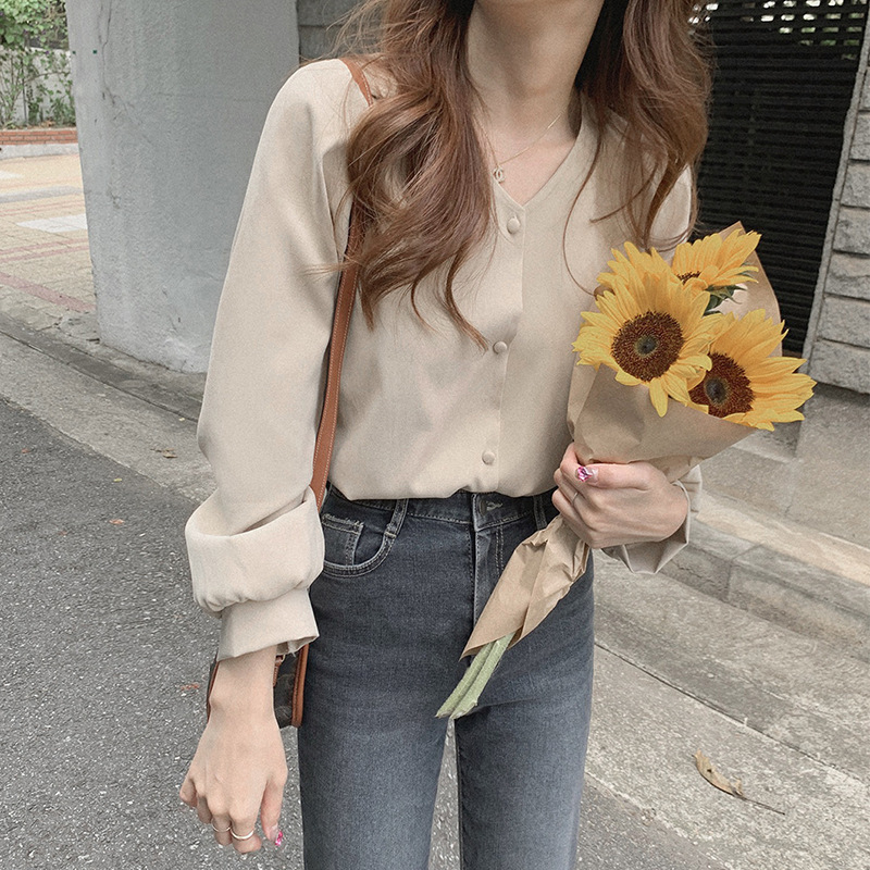 Autumn and Winter Retro Simple V Neck Pure Color Shirt for Women's Outer Wear Design Niche Bottoming Shirt Versatile Long-Sleeved Top