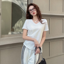 白色竹节棉短袖t恤夏季2025新款韩版宽松休闲内搭外穿女士V领上衣