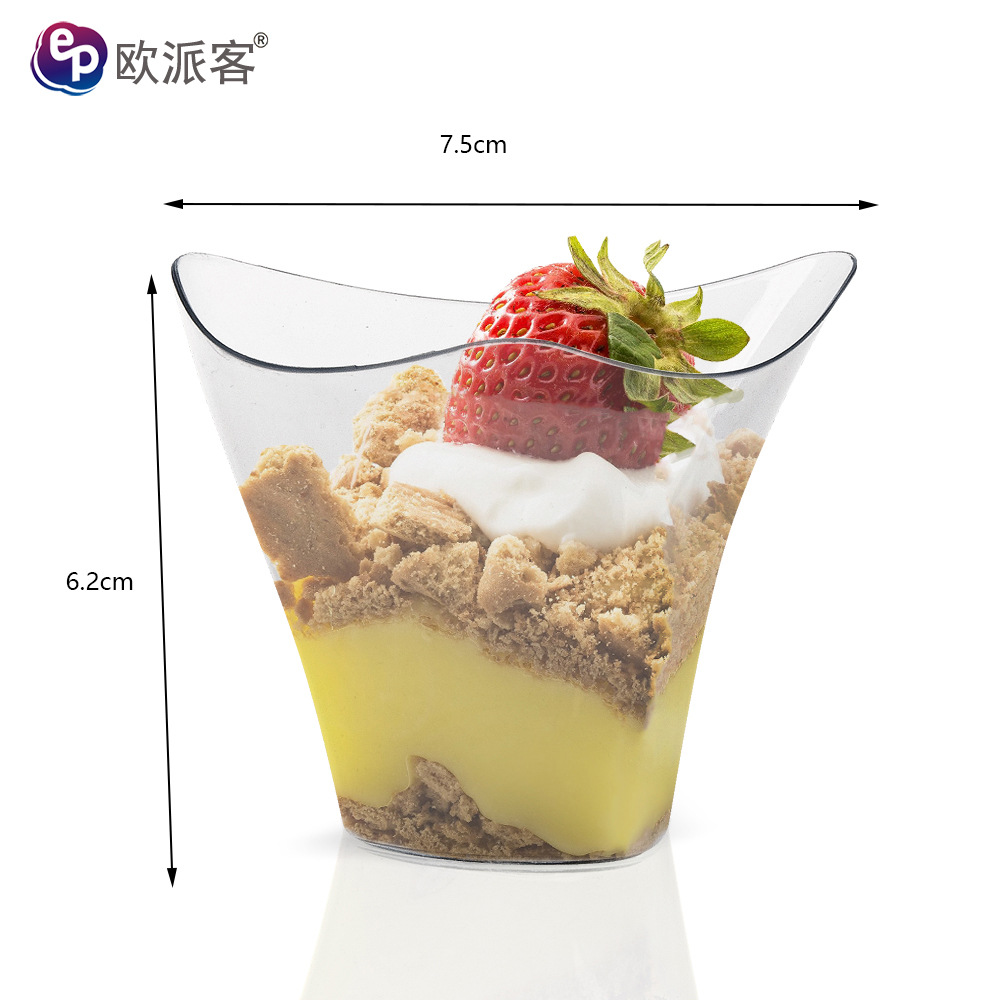 Copa de mousse desechable Taza de postre PS Taza de plástico Taza de pudín Taza redonda de punto de fábrica Taza cuadrada