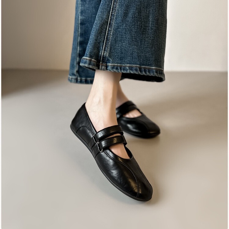 In-Stock 2026 Cowhide Vintage Flat Velcro Shoes for Women, 2026 Spring New Versatile Comfortable Mary Jane Shoes