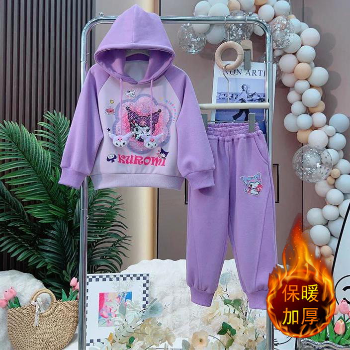 소녀의 가을과 겨울 기모 중년 어린이 및 어린이 인터넷을위한 서양식 세트 유행하는  소녀의 투피스 쿨로 미 땀 세트를 축하합니다.