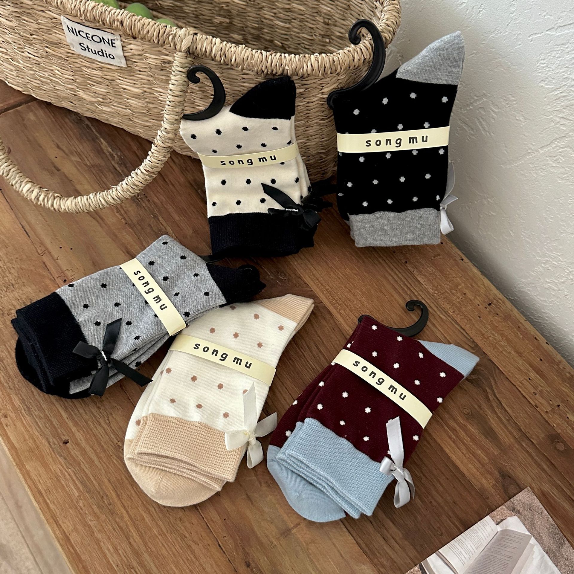 Ankorah Red Polka Dot Stacked Heel Butterfly Knot Ins Wind Tube Socks Japanese Women's Socks Cute Socks