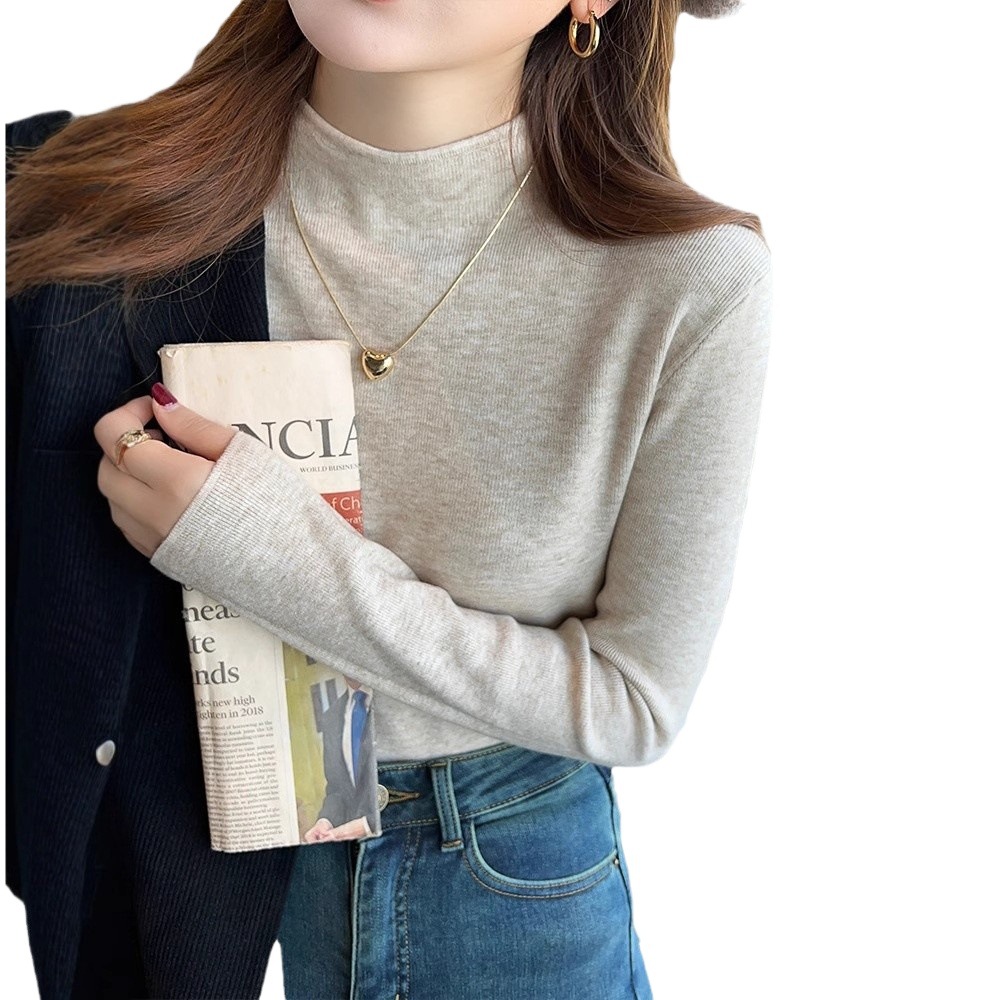 가을과 겨울을위한 두꺼운 고급 반 높이 목베이스 셔츠 기질 내부 울 긴팔 스웨터 슬림 핏 스웨터