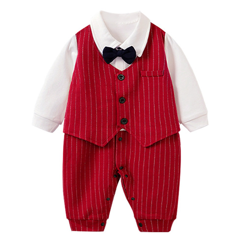 Baby one-piece outfit spring and autumn red British gentleman set baby clothes centenary banquet first birthday evening dress