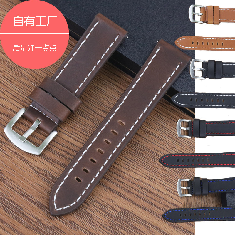 Factory Direct Sales Quick Release Crazy Horse Leather Strap Genuine Leather Universal High-End Retro Watch Strap Watch Accessories Leather Strap