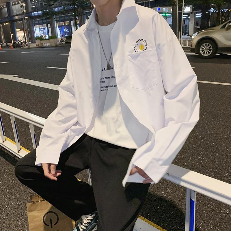 White Small Chrysanthemum Shirt Men's Long-sleeved 2025 Autumn Couple's BF Trendy Brand Shirt Coat Jacket Student