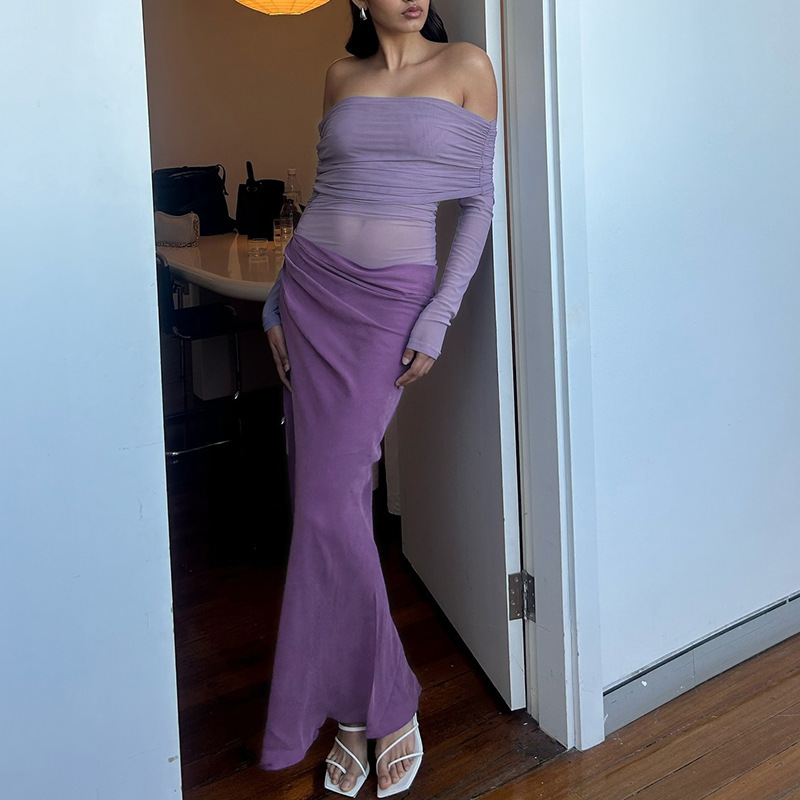 2024 otoño e invierno estilo europeo y americano moda femenina transfronteriza hombro de una línea manga larga sin cintura malla costura bolso vestido de cadera image 4