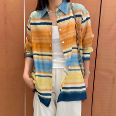 25秋冬新款条纹度假风长袖印花丝棉长袖衬衫上衣彩虹印花廓形衬衣
