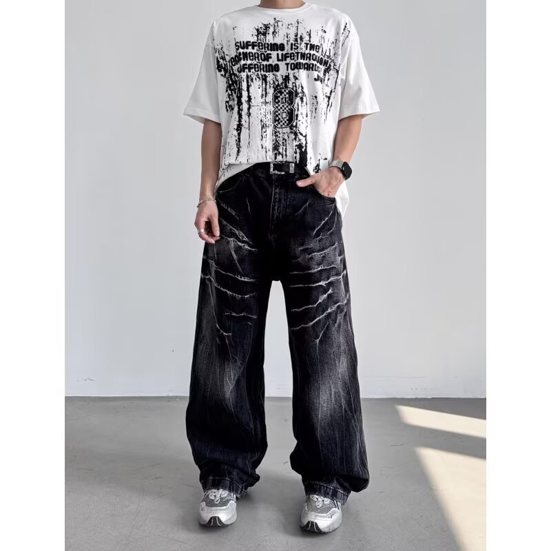 American Style Rivet Lightning Denim Jeans For Men And Women, Wide-Legged Distressed Wash Vintage Drop-Crotch Trousers, Trendy Streetwear Design_mkmklike.com