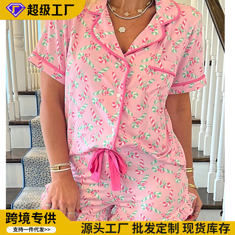 跨境欧美风格条纹短袖短裤休闲睡衣舒适凉爽透气家居服套装批发|undefined